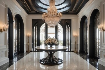 Fototapeta premium Foyer with Chandeliers and a Chandelier Located on a Large Open Floor with Glass Doors and Beautiful Sculptural Details