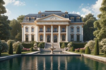 Fototapeta premium Large Beautiful House in Neoclassical Style with Ornamentation on the Shore of a Lake, Surrounded by a Well-Maintained Garden