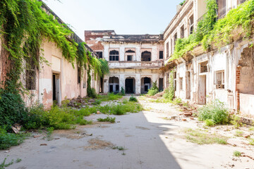 Fototapeta premium Old abandoned courtyard building overgrown with plants and vegetation