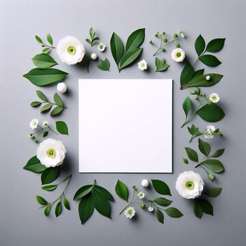 Elegant arrangement of white flowers and greenery surrounding a blank square for wedding and party invitations. Floral frame mockup