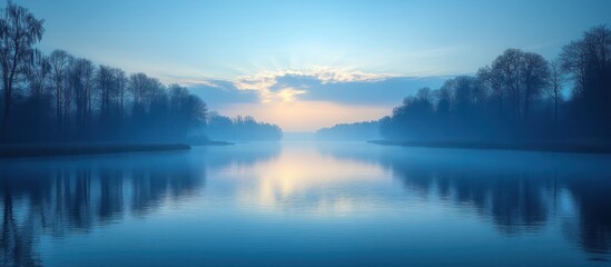 Fototapeta premium Serene sunrise over calm lake, misty trees reflected in still water.