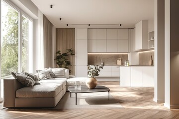 Fototapeta premium Modern open-plan apartment living room kitchen sunlight