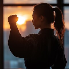 a silhouette of a back of a woman wearing jiu jitsu gi with one fist up above head