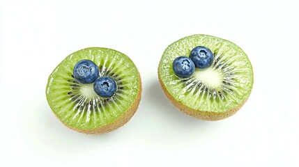 Fresh Kiwi Halves with Vibrant Green Texture and Seeds, Isolated on White Background
