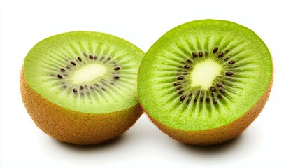 Fresh Kiwi Halves with Vibrant Green Texture and Seeds, Isolated on White Background