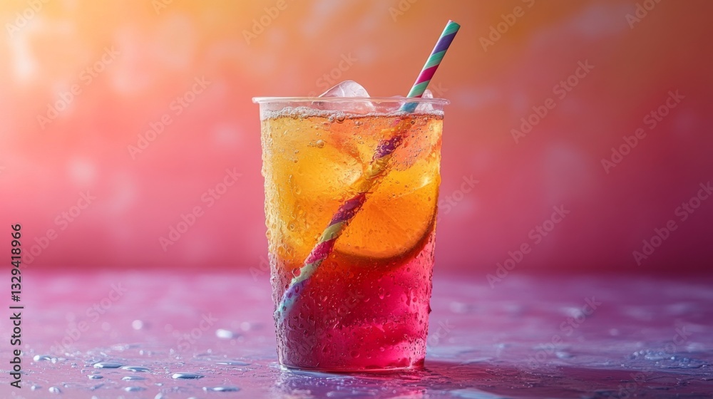 Poster A refreshing drink filled with ice sits on a wet surface, featuring layers of bright orange and red hues. The setting sun creates a colorful backdrop, enhancing this delightful moment of relaxation.