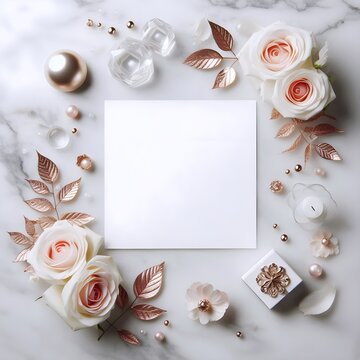 Wedding style Elegant arrangement of pink roses, decorative elements, and a blank square for creative designs. Wedding Floral mockup