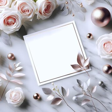 Wedding style Elegant arrangement of pink roses, decorative elements, and a blank square for creative designs. Wedding Floral mockup