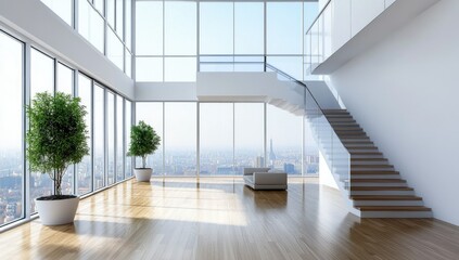 Obraz premium Modern penthouse interior, spacious, city view, plants