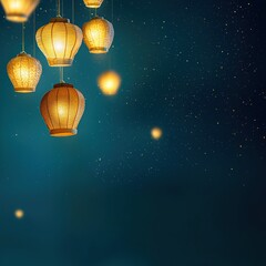 Obraz premium Lanterns shaped like celestial bodies rising into a starry sky.