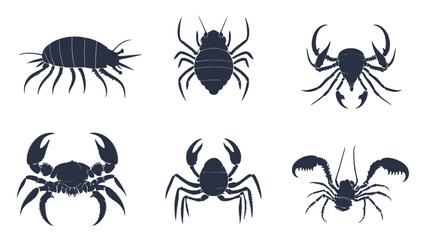 The image contains a collection of six stylized silhouettes of crustaceans.  The silhouettes are dark blue against a white background. The crustaceans depicted include variations of crabs,