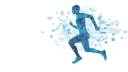 Fototapeta premium The image is a vector graphic illustration depicting a stylized silhouette of a person running. The figure is rendered in shades of blue, composed of fragmented pixel-like shapes. A sense of