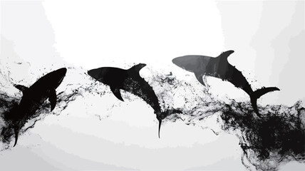Fototapeta premium A monochrome image depicting three stylized sharks in mid-leap. The sharks are rendered in shades of gray and black against a white background, with abstract ink-like washes suggesting movement in