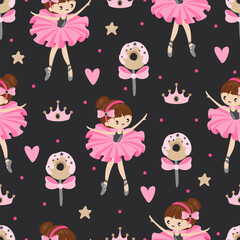 Seamless pattern with ballerinas and romantic elements on a dark background.