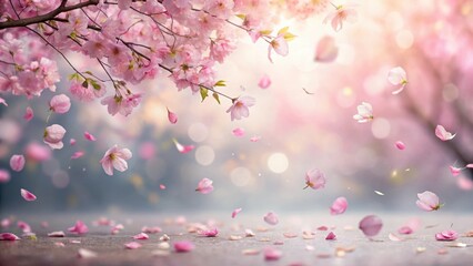 Soft pink sakura petals gently dance in the breeze, suspended in mid-air