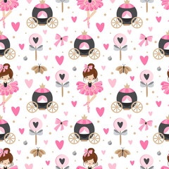 Seamless pattern with hand drawn ballerinas and romantic elements.