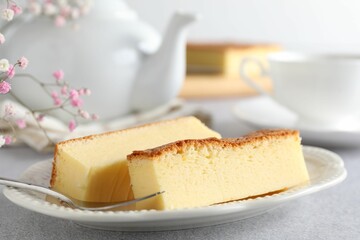Tasty Japanese Castella sponge cake served on light table, closeup