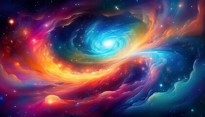 Vibrant galaxy swirls and glowing nebula clouds blend in cosmic hues, creating a mystical, dreamlike atmosphere filled with stars and radiant celestial energy.
