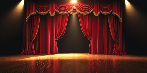 Closed theater stage with maroon red curtain with spotlight Art performance background