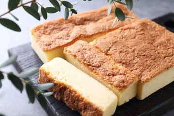 Tasty Japanese Castella sponge cake on grey table and green branch, closeup