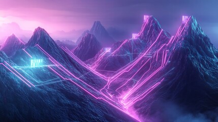 Neon Circuit Trails Across Futuristic Mountains