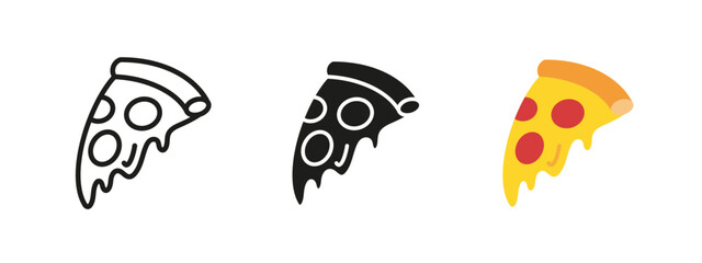 Pizza slice icon. Hot and cheesy pepperoni pizza vector illustration. Classic fast food symbol with melting cheese. Tasty Italian snack pictogram. Delicious meal and junk food concept.