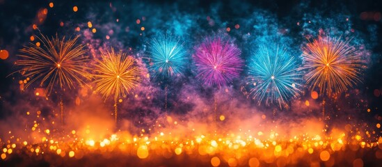 Fototapeta premium Vibrant fireworks display over sparkling lights.