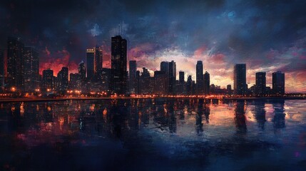 Fototapeta premium Cityscape sunset reflection, urban waterfront, dramatic sky