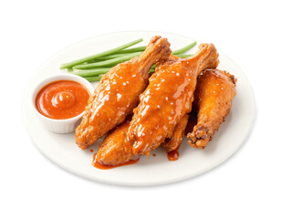 Buffalo Wings - Crispy Buffalo Wings glazed in spicy, tangy sauce, vibrant orange and red hues, isolated on transparent background,