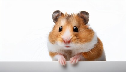 Fototapeta premium Cute tiny hamster gripping the corner of the frame on a white background, perfect for pet lovers and animal enthusiasts. 