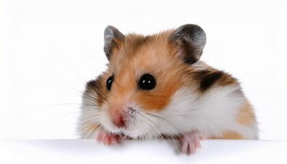 Fototapeta premium Cute tiny hamster gripping the corner of the frame on a white background, perfect for pet lovers and animal enthusiasts. 