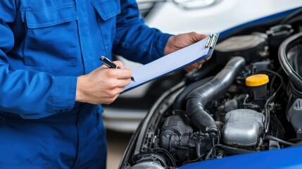 Professional Mechanic in Blue Uniform Conducting Automotive Inspection with Clipboard