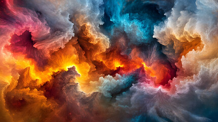 Fototapeta premium Colorful, abstract swirls of orange, red, blue and purple evoke a fiery explosion or nebula