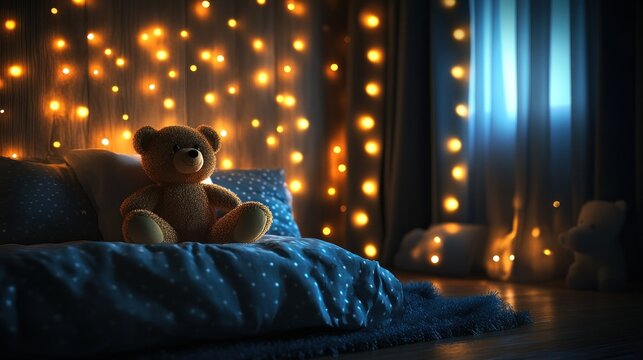 Teddy bear sits on bed, fairy lights glow, night, bedroom, children's room