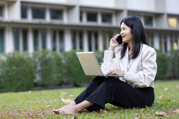 Future remote work combines technology smart phone connection online white digital business woman...