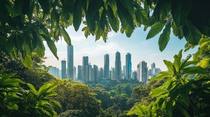 Cityscape framed by lush foliage, sunny day, urban park background