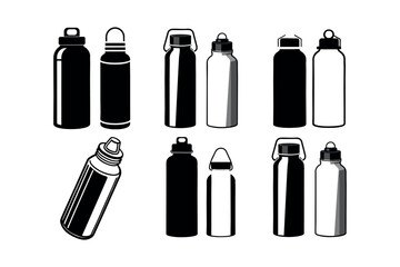 Black and white steel bottles set on white background
