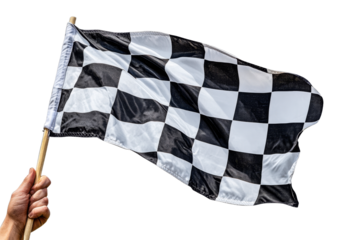 Checker flag held aloft at finish line in motorsport event