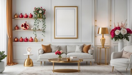 Elegant living room design with gold accents and modern decor showcasing floral arrangements and decorative objects