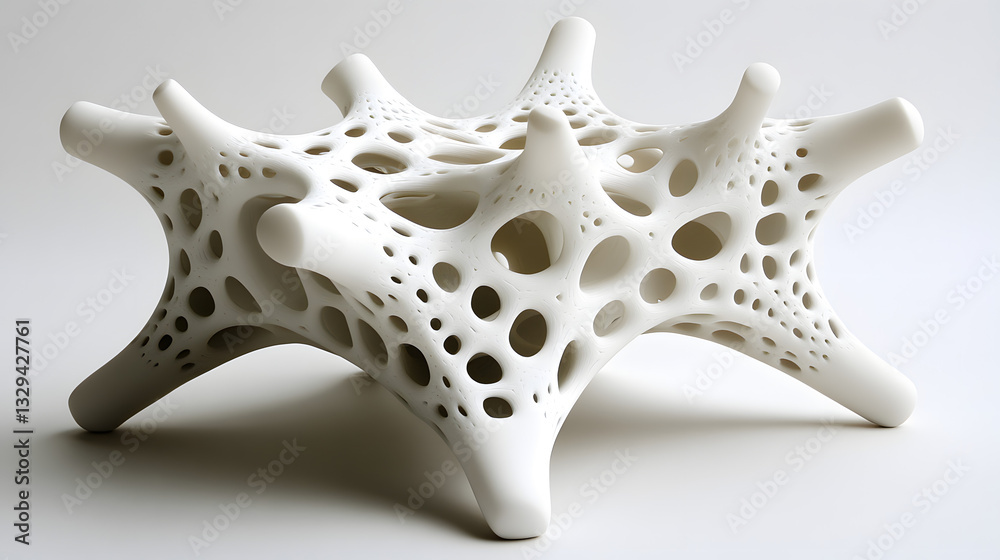 Poster minimalist white object resting on a white surface showcasing complex shapes and multi-layered forms