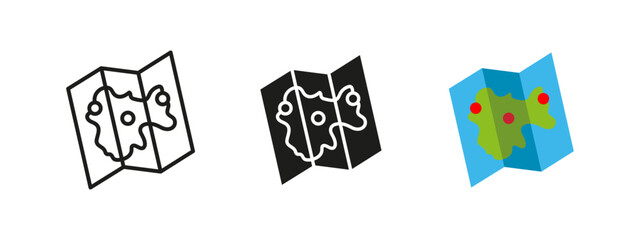 Map icon. Folded travel map with location markers vector illustration. Represents navigation, geography and exploration for tourism, trip planning and adventure routes. © MALAI Studio