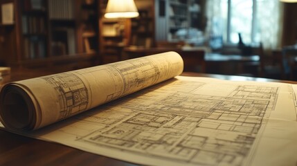 Detailed architectural plans with rolled paper on table