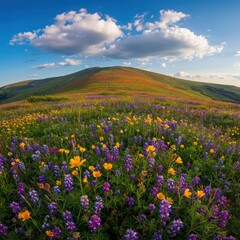 Fototapeta premium Spring beautiful meadow filled with colorful flowers and daisies under a clear blue sky