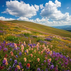 Obraz premium Spring beautiful meadow filled with colorful flowers and daisies under a clear blue sky