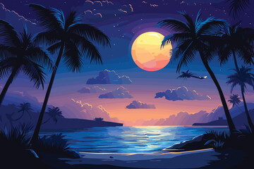 Coconut trees silhouette at night with moon and clouds over the sea, Flat style vector illustration. Beach at night © RK-DESIGNER