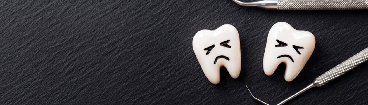 Scary Dental Concept with Frowny Teeth Figures and Dental Tools on Dark Background