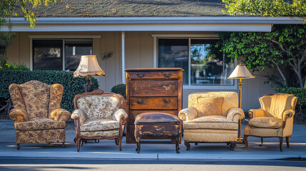 A group of second hand furniture outdoors.