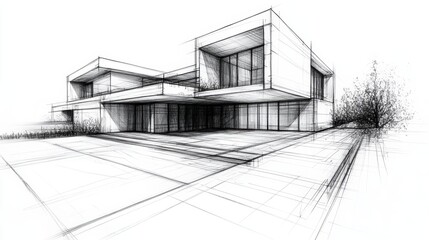 Architectural sketching and rolled blueprints for building project