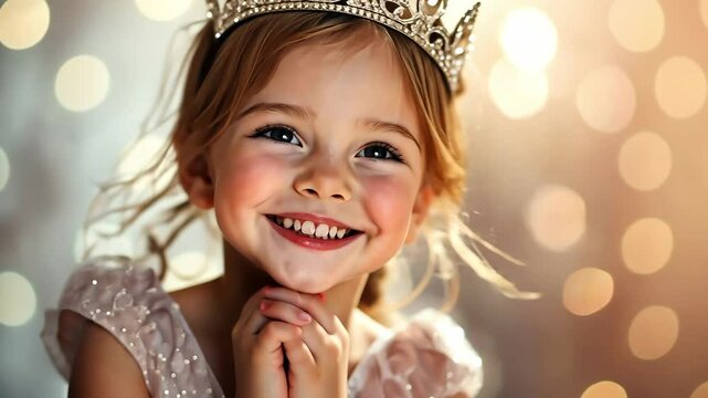 A happy little girl wearing a sparkling princess crown, Happiness and innocence	