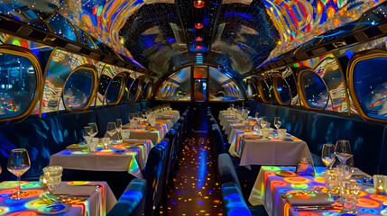 Fototapeta premium Elaborate Dining Space with Colorful Lighting and Velvet Booths